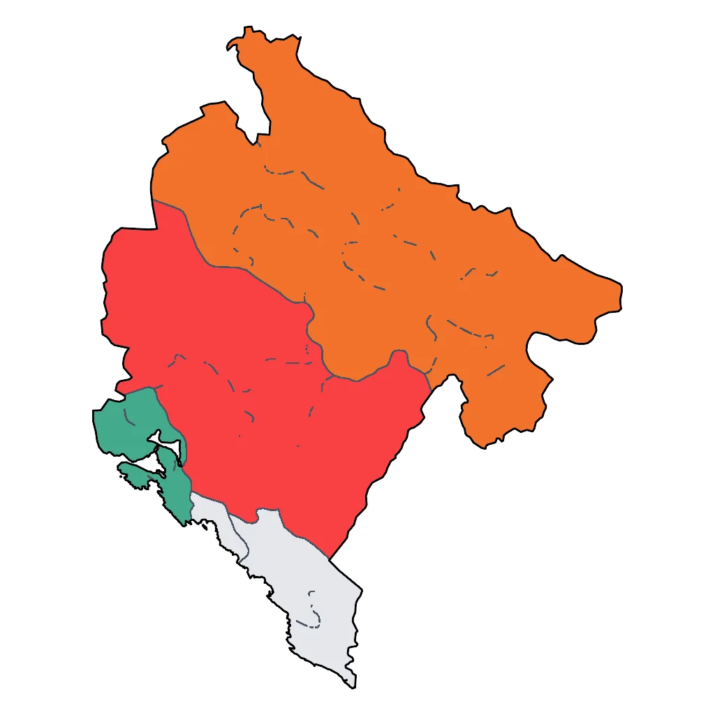 Map showing regions suitable for Road Trips & Scenic in Montenegro. Overall suitability: very_good.