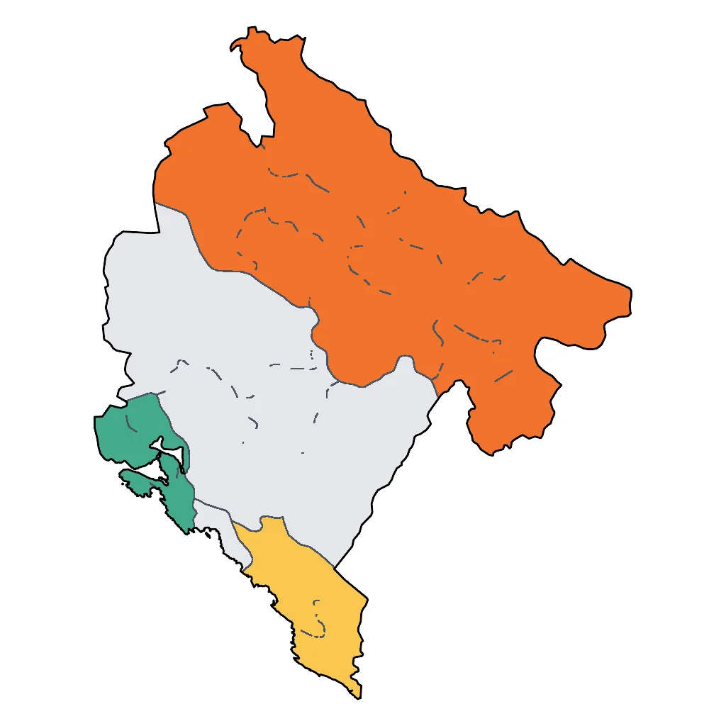 Map showing regions suitable for Sports & Active in Montenegro. Overall suitability: excellent.