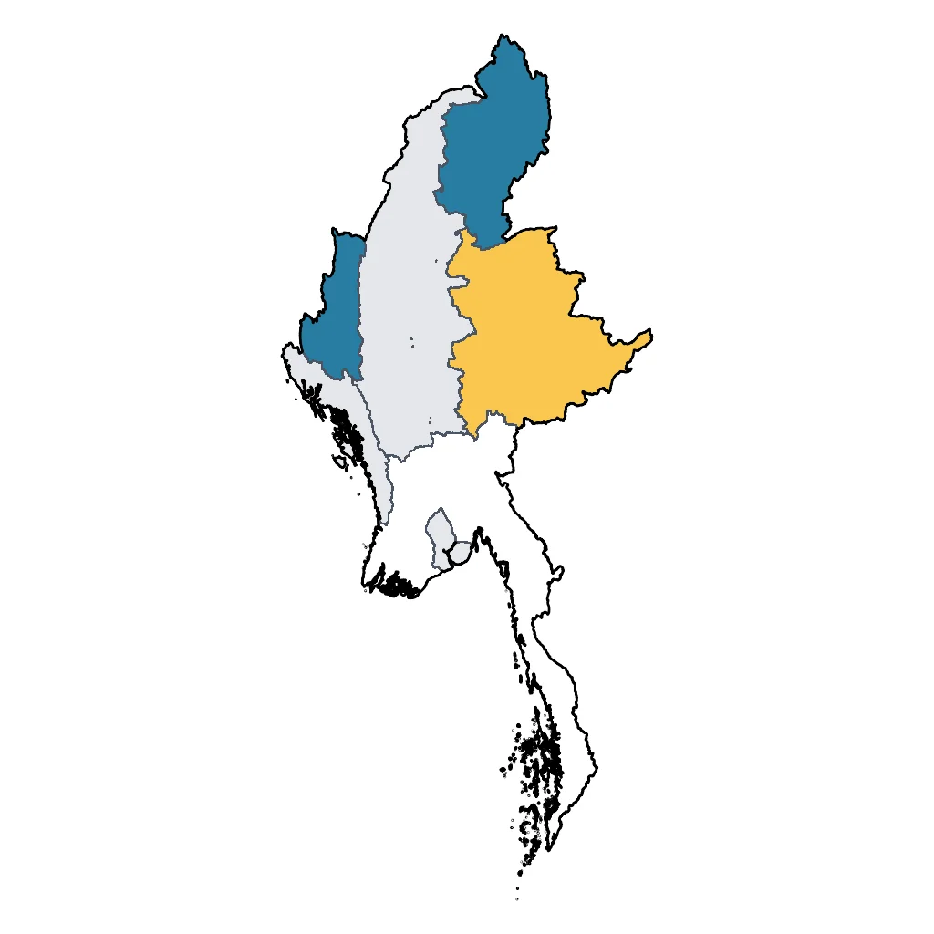 Map showing regions suitable for Adventure & Nature in Myanmar. Overall suitability: very_good.