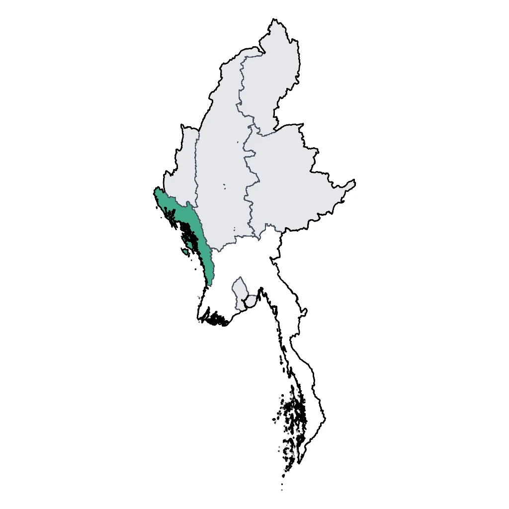 Map showing regions suitable for Beach & Sea in Myanmar. Overall suitability: very_good.