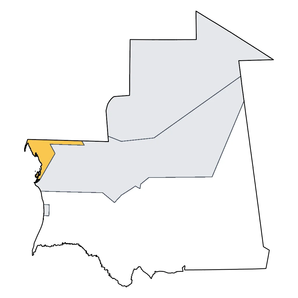Map showing regions suitable for Beach & Sea in Mauritania. Overall suitability: good.