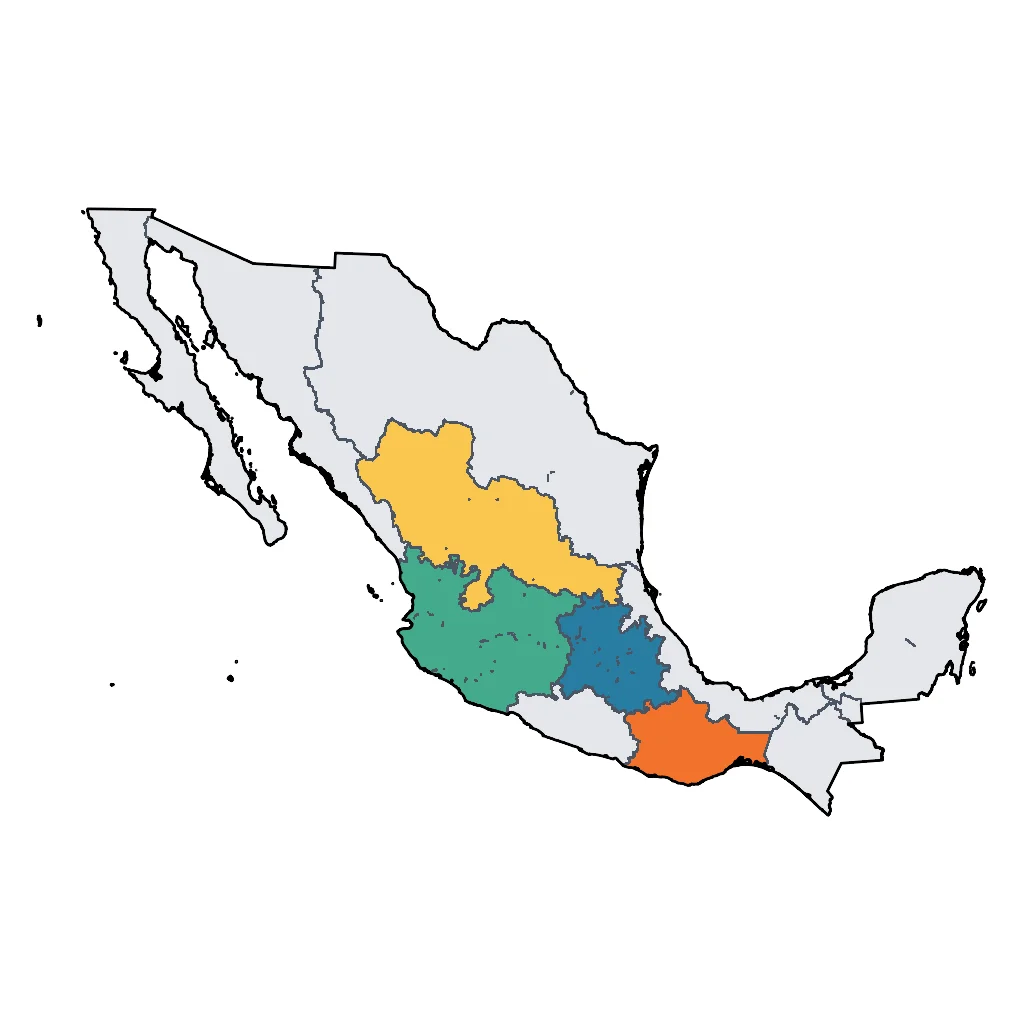 Map showing regions suitable for Festivals & Seasonal in Mexico. Overall suitability: excellent.