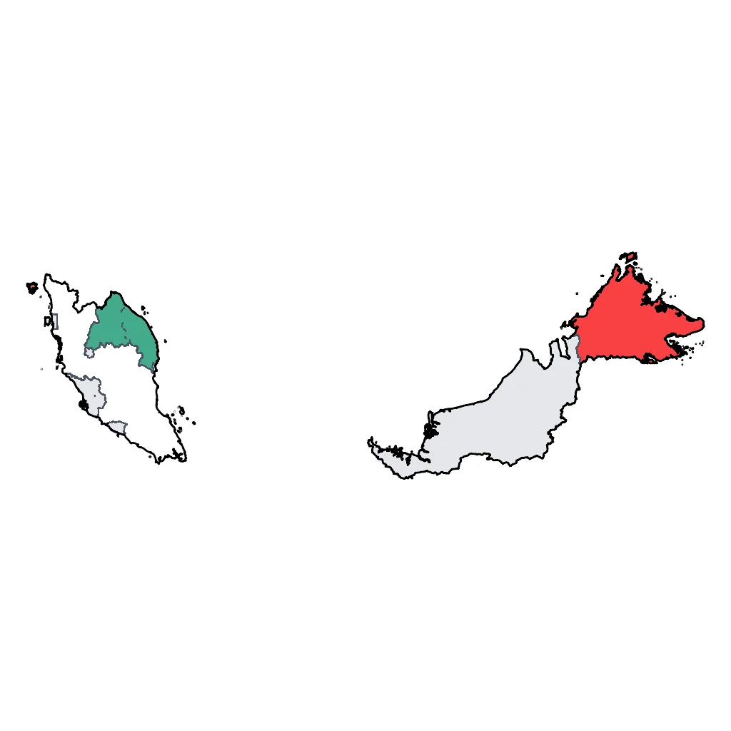 Map showing regions suitable for Beach & Sea in Malaysia. Overall suitability: excellent.