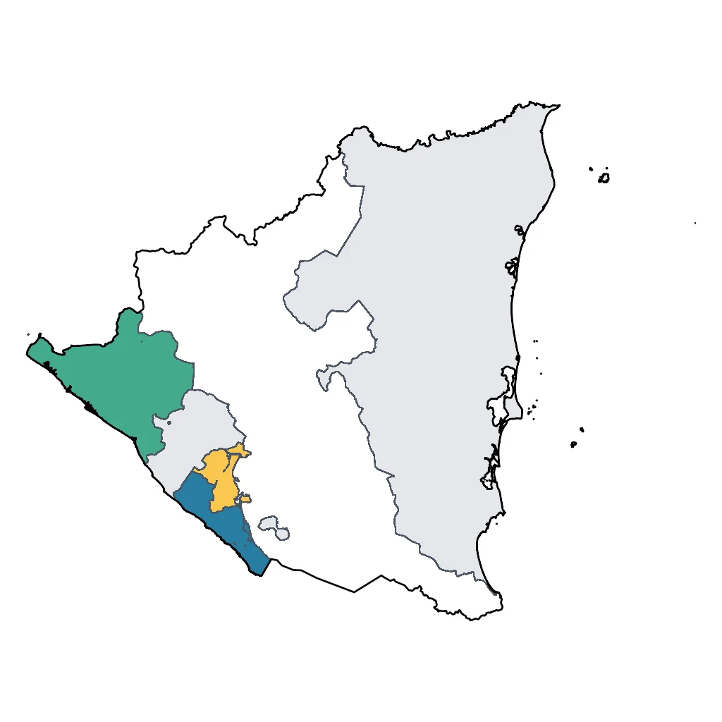 Map showing regions suitable for Road Trips & Scenic in Nicaragua. Overall suitability: good.