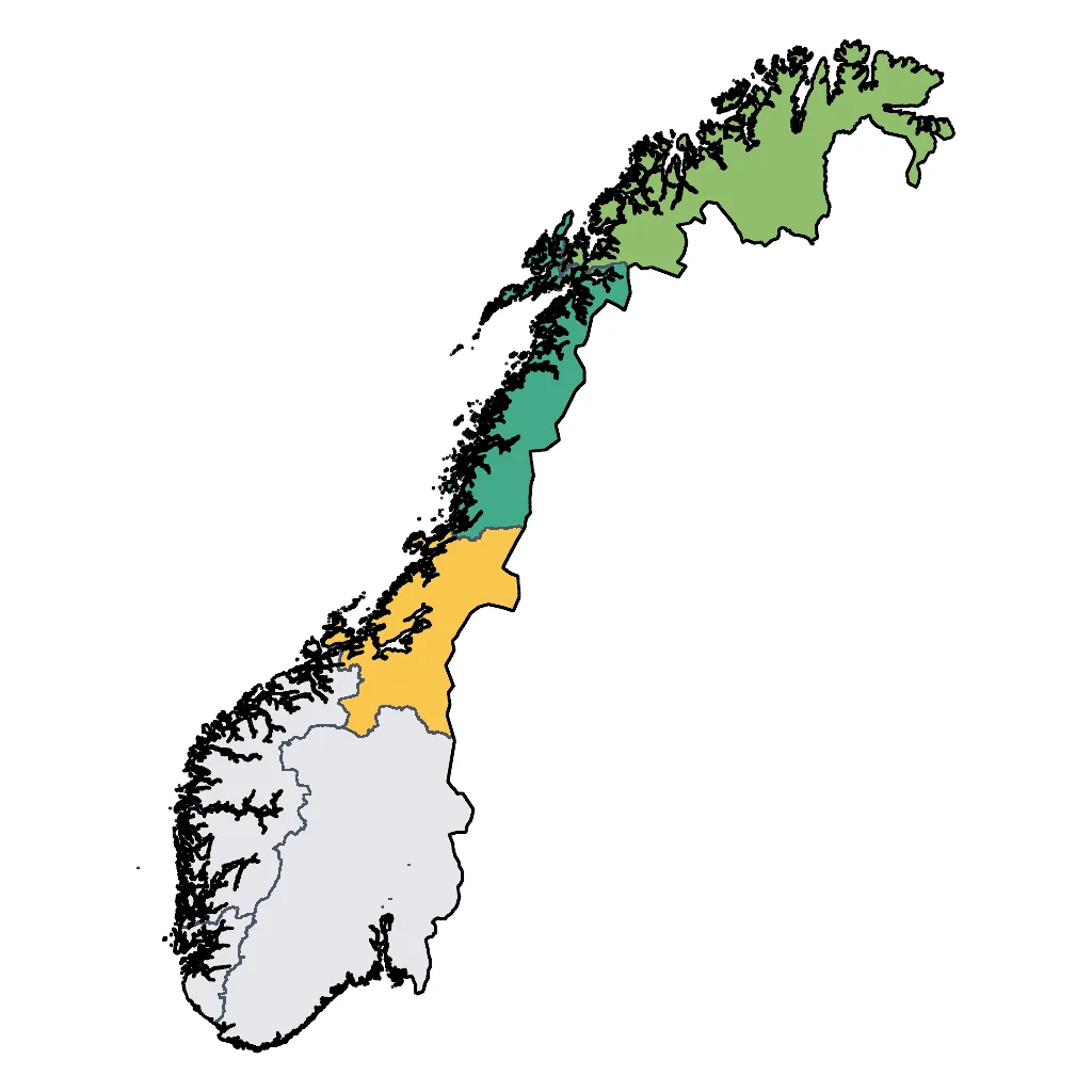 Map showing regions suitable for Festivals & Seasonal in Norway. Overall suitability: very_good.