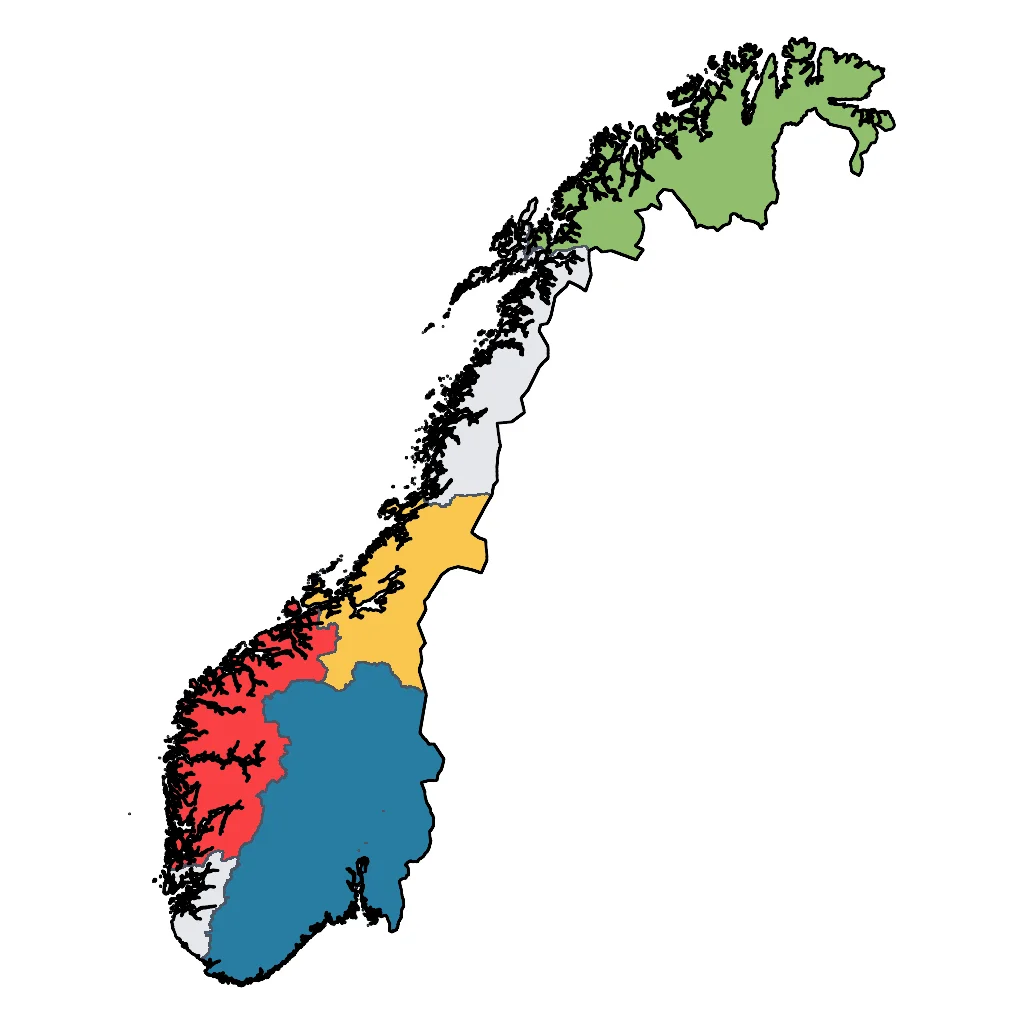 Map showing regions suitable for Relaxation & Wellness in Norway. Overall suitability: good.
