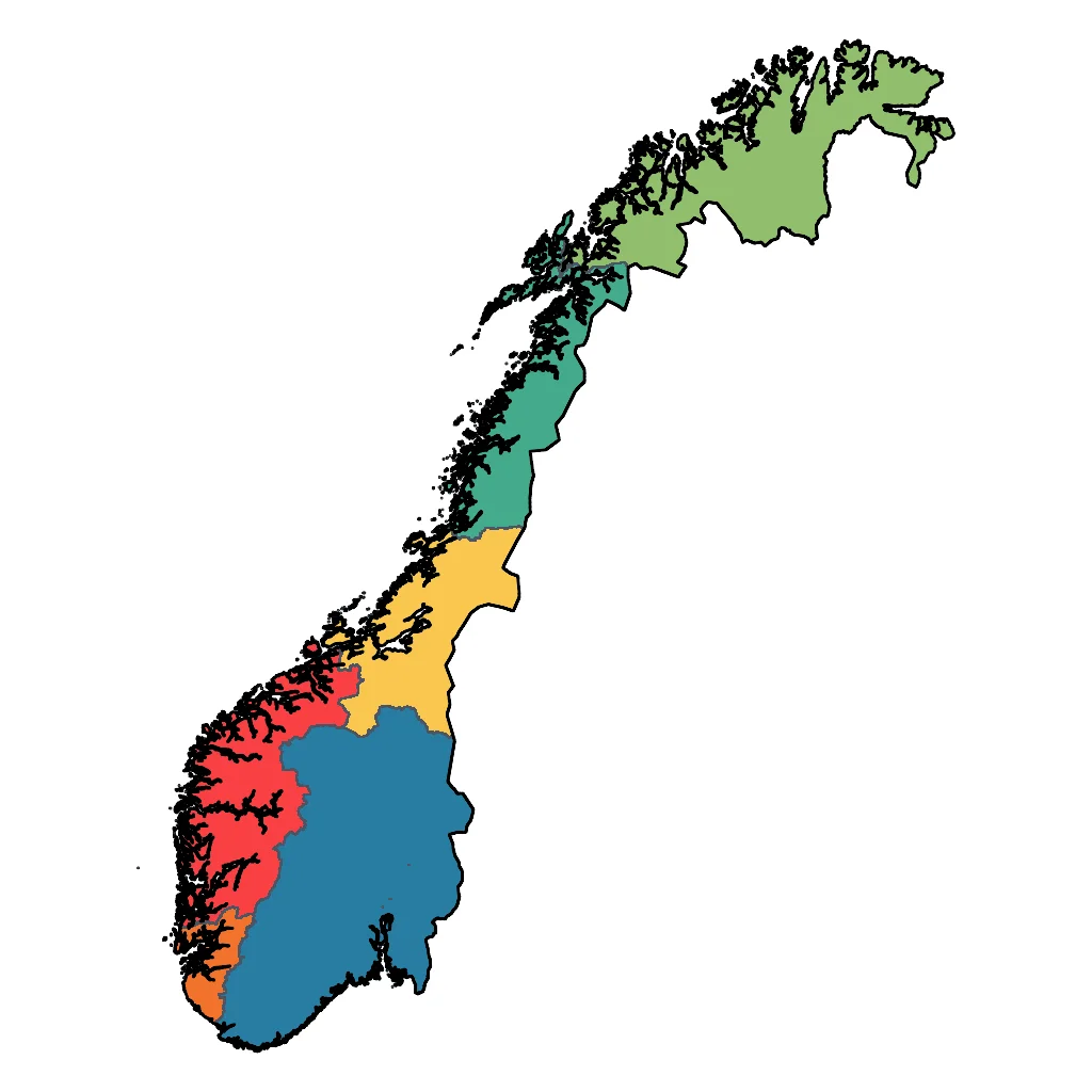 Map showing regions suitable for Road Trips & Scenic in Norway. Overall suitability: excellent.