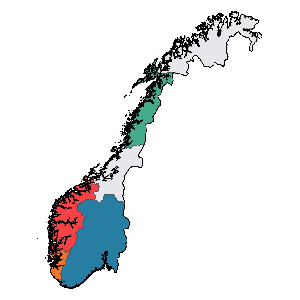 Map showing regions suitable for Sports & Active in Norway. Overall suitability: excellent.