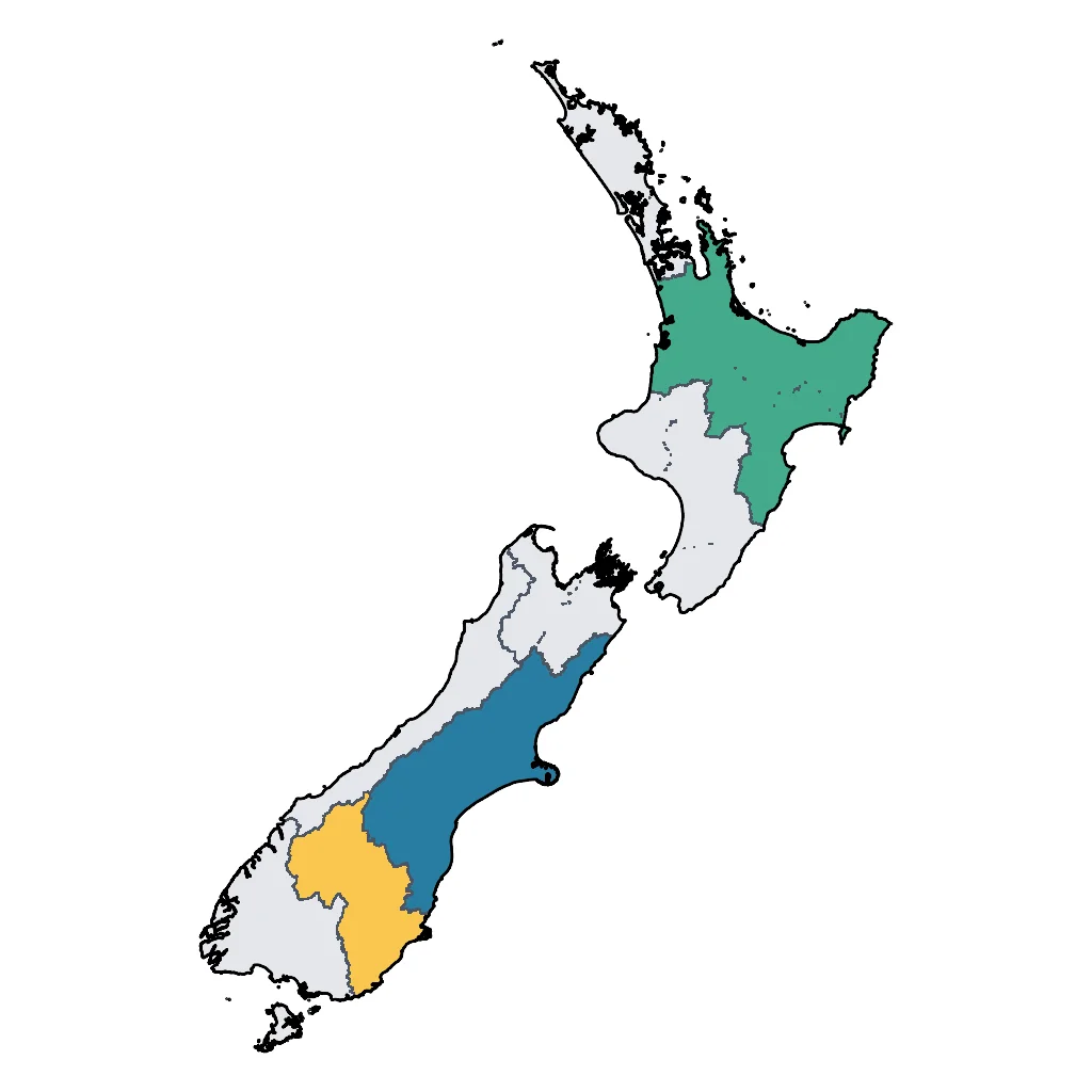 Map showing regions suitable for Ski & Snow in New Zealand. Overall suitability: excellent.