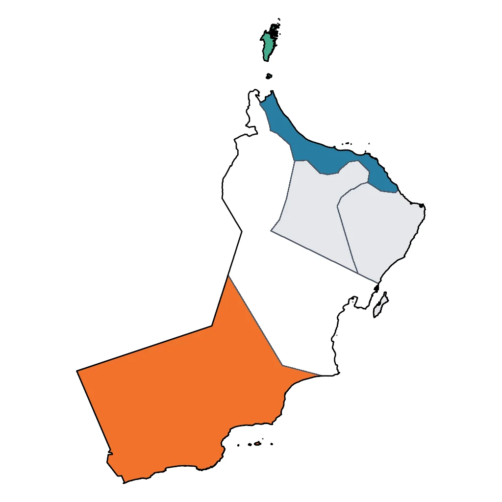Map showing regions suitable for Beach & Sea in Oman. Overall suitability: very_good.
