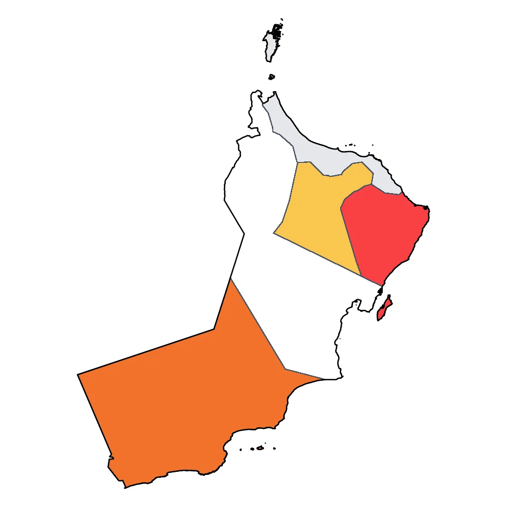 Map showing regions suitable for Road Trips & Scenic in Oman. Overall suitability: very_good.