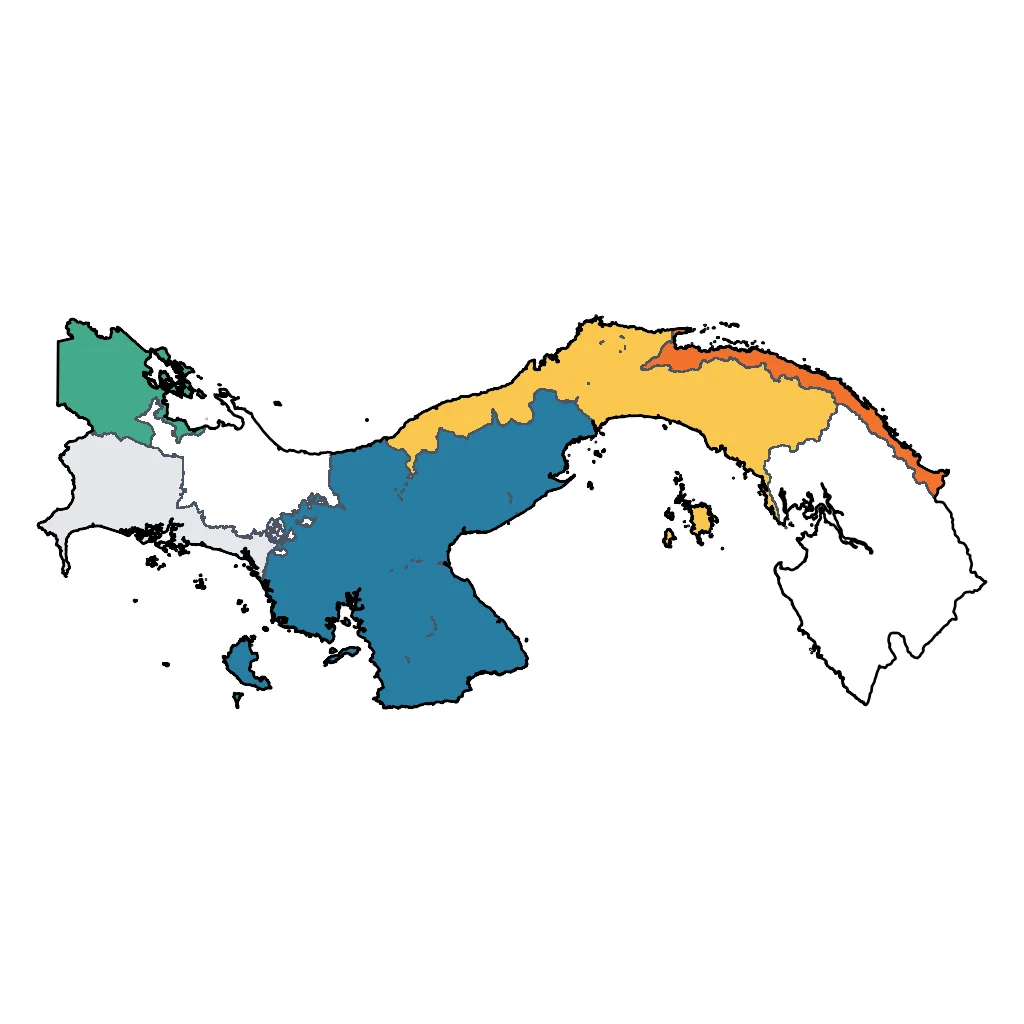 Map showing regions suitable for Beach & Sea in Panama. Overall suitability: excellent.
