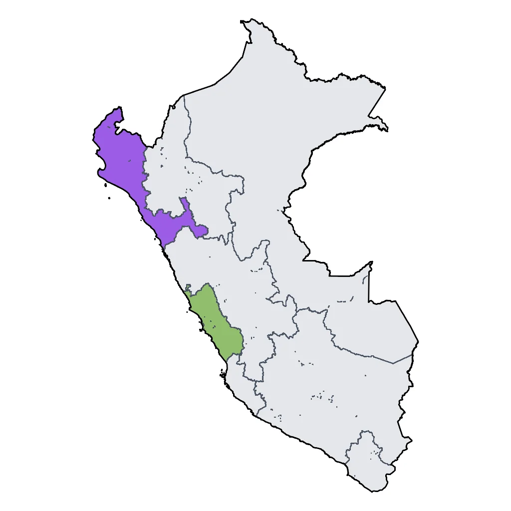 Map showing regions suitable for Beach & Sea in Peru. Overall suitability: very_good.