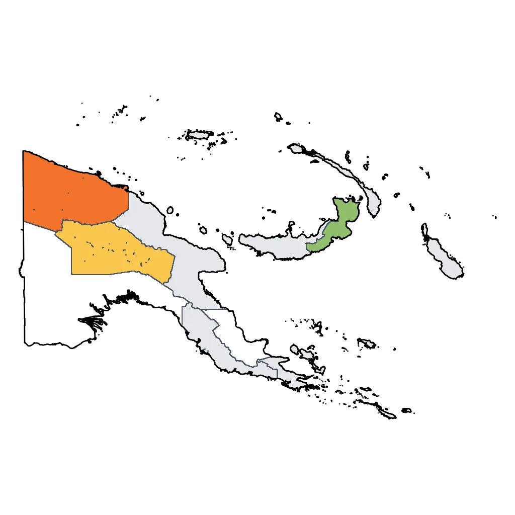Map showing regions suitable for Festivals & Seasonal in Papua New Guinea. Overall suitability: excellent.