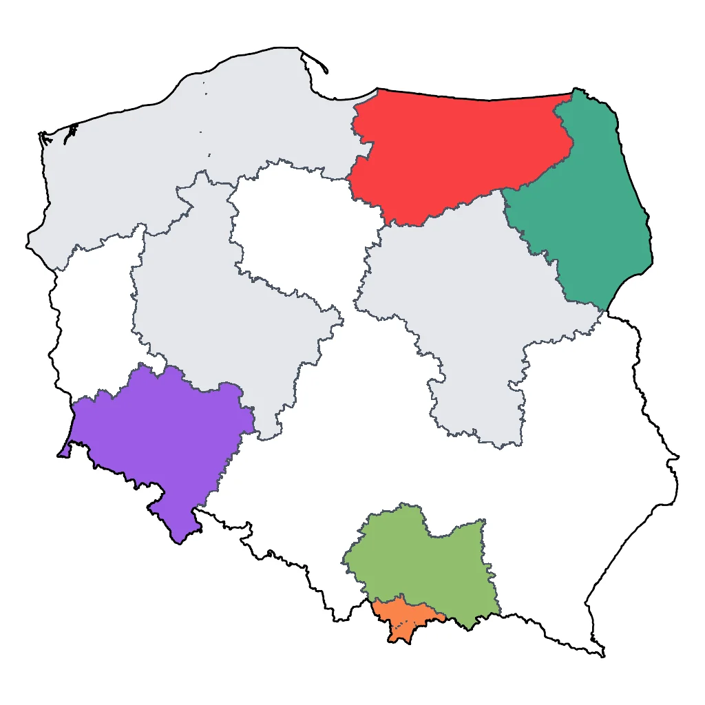 Map showing regions suitable for Adventure & Nature in Poland. Overall suitability: excellent.