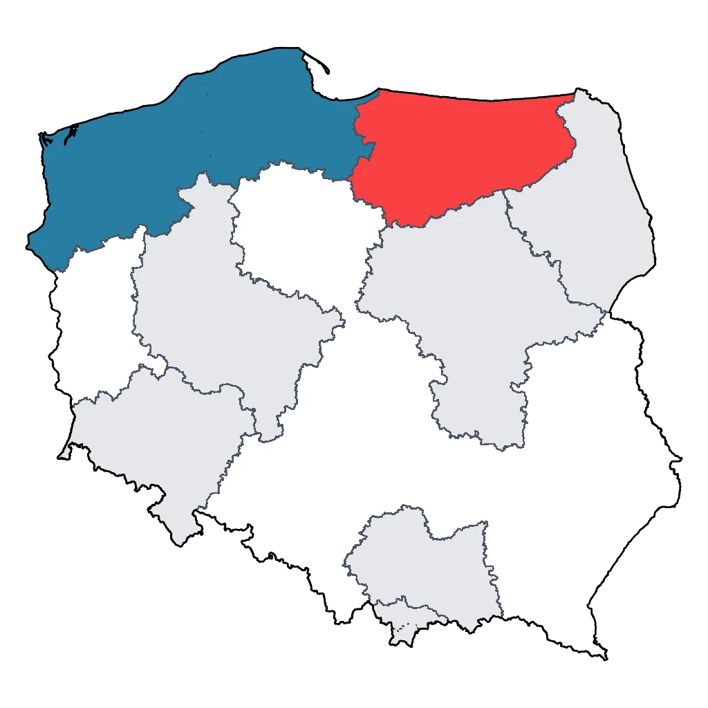 Map showing regions suitable for Beach & Sea in Poland. Overall suitability: good.