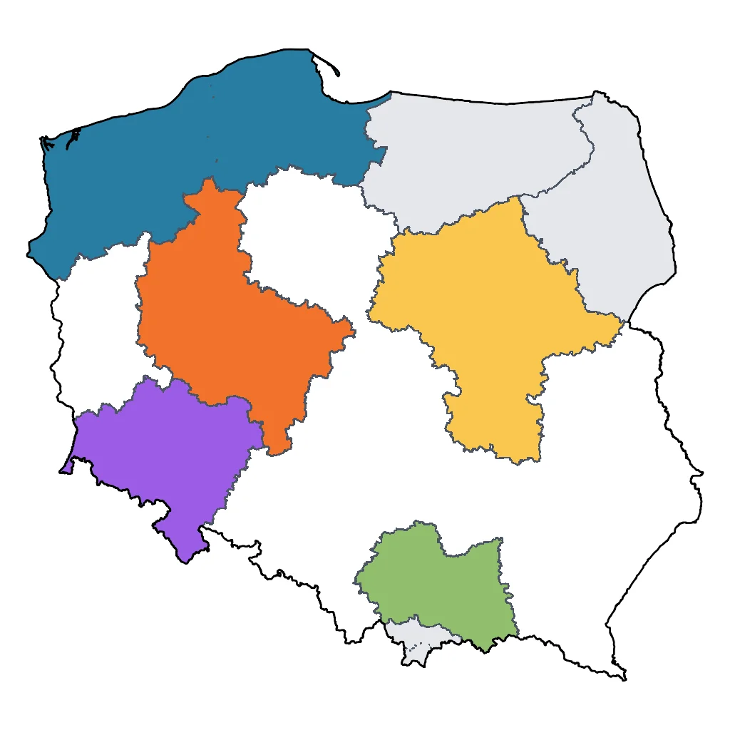 Map showing regions suitable for City & Cultural in Poland. Overall suitability: excellent.