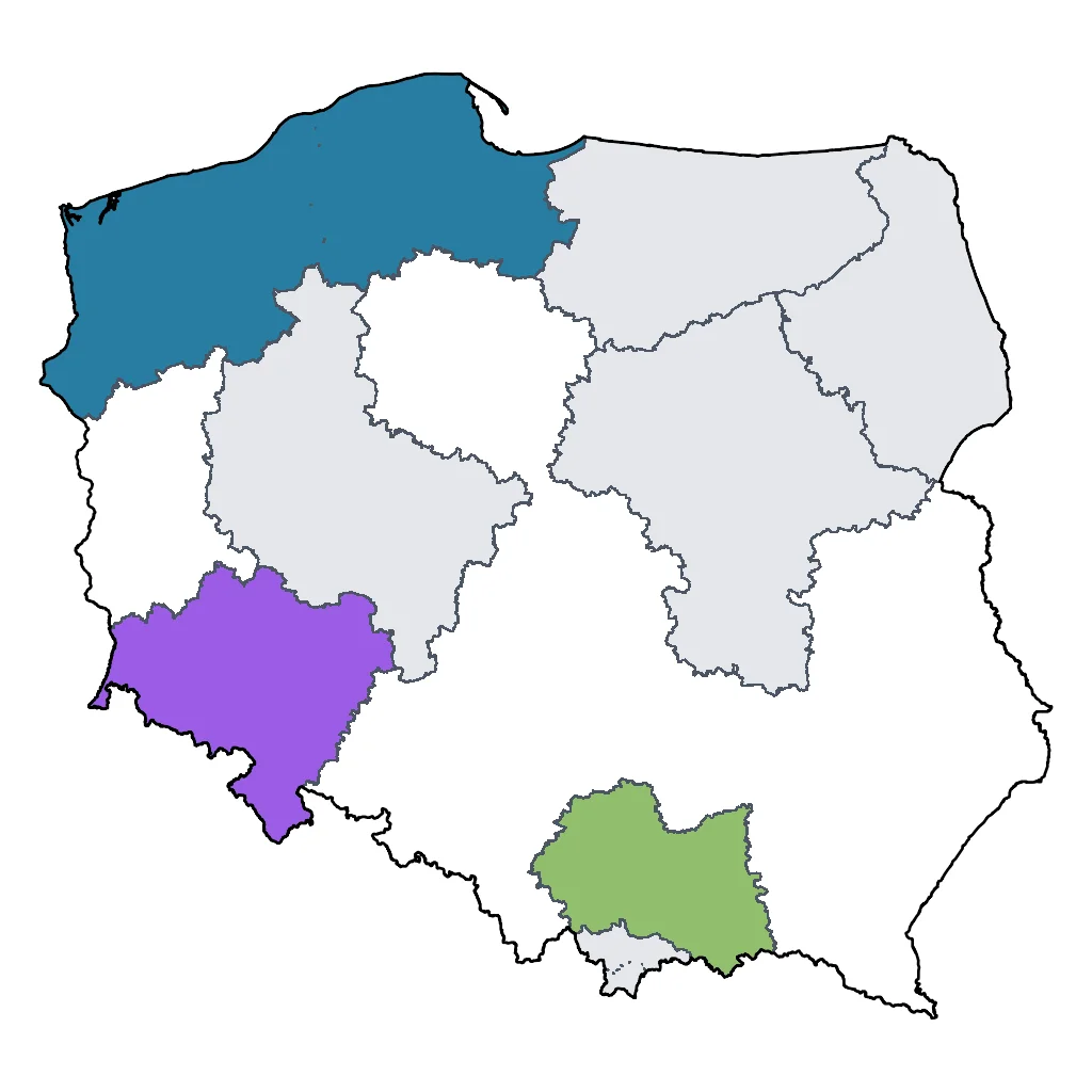 Map showing regions suitable for Festivals & Seasonal in Poland. Overall suitability: very_good.
