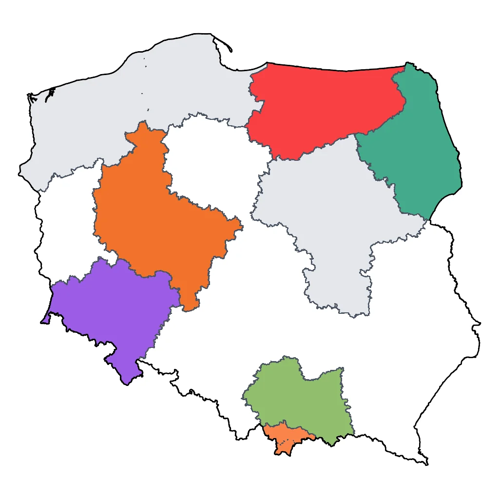 Map showing regions suitable for Road Trips & Scenic in Poland. Overall suitability: very_good.