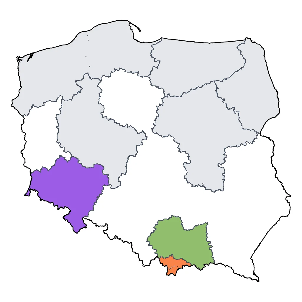 Map showing regions suitable for Ski & Snow in Poland. Overall suitability: very_good.