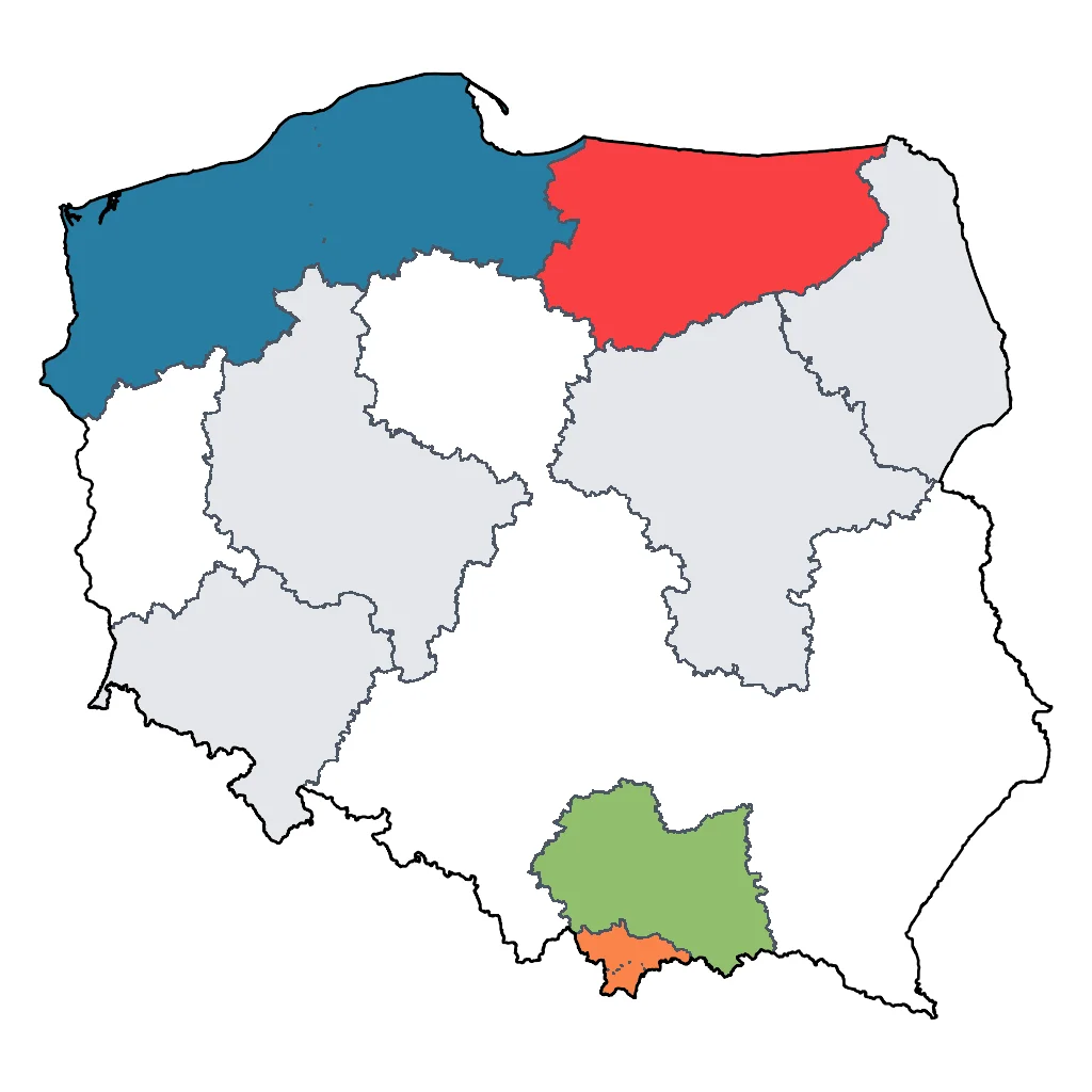 Map showing regions suitable for Sports & Active in Poland. Overall suitability: very_good.