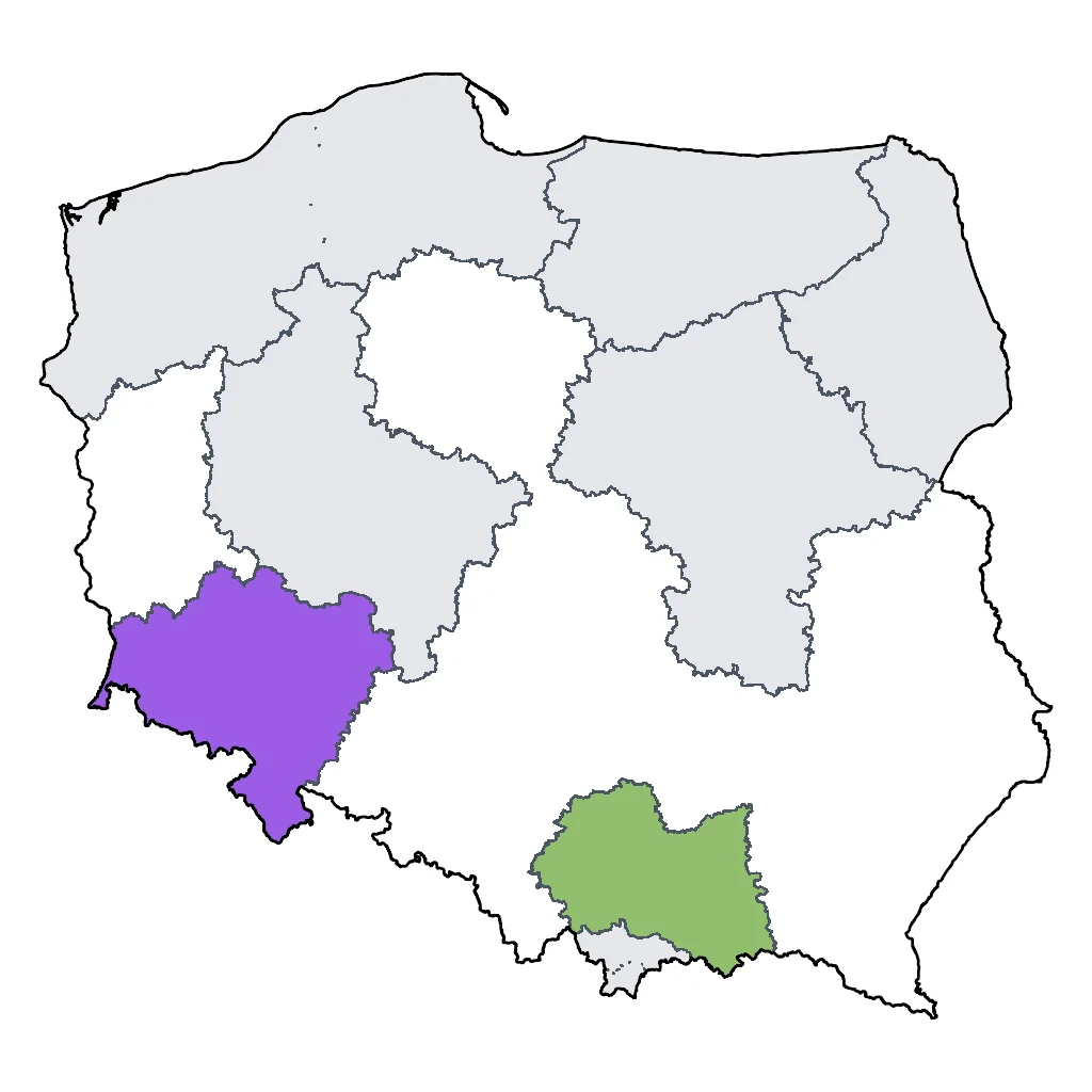 Map showing regions suitable for Theme Park & Entertainment in Poland. Overall suitability: good.