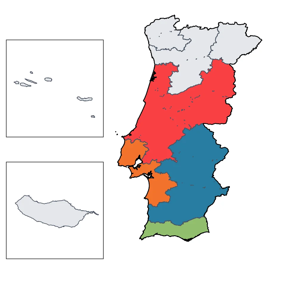 Map showing regions suitable for Beach & Sea in Portugal. Overall suitability: excellent.