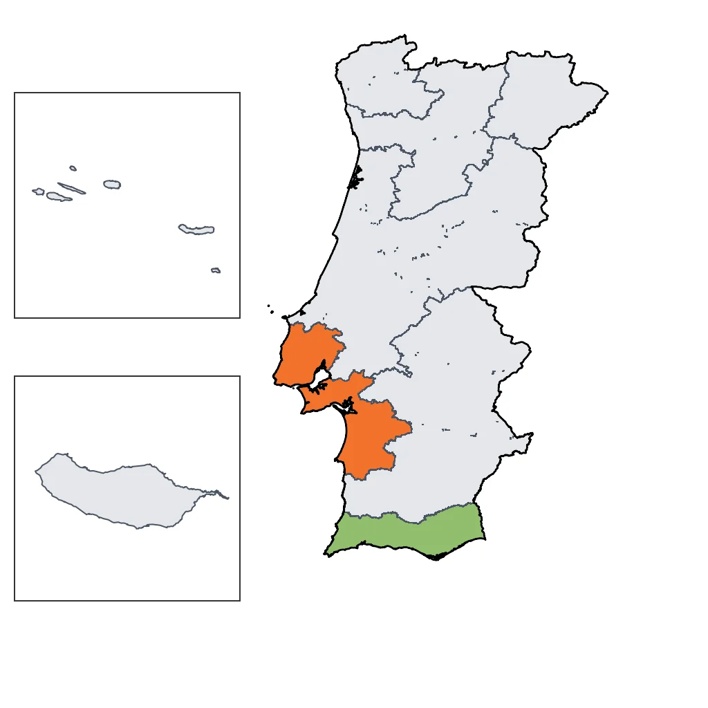 Map showing regions suitable for Theme Park & Entertainment in Portugal. Overall suitability: good.