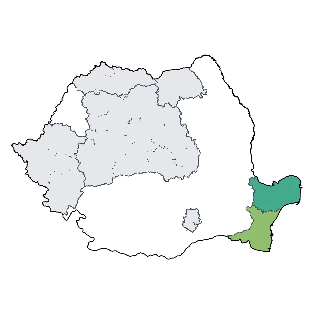 Map showing regions suitable for Beach & Sea in Romania. Overall suitability: good.