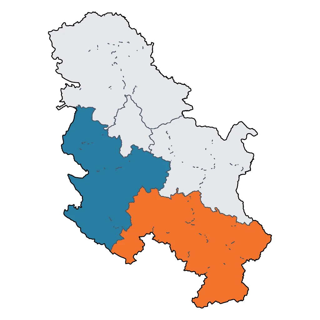 Map showing regions suitable for Ski & Snow in Serbia. Overall suitability: good.