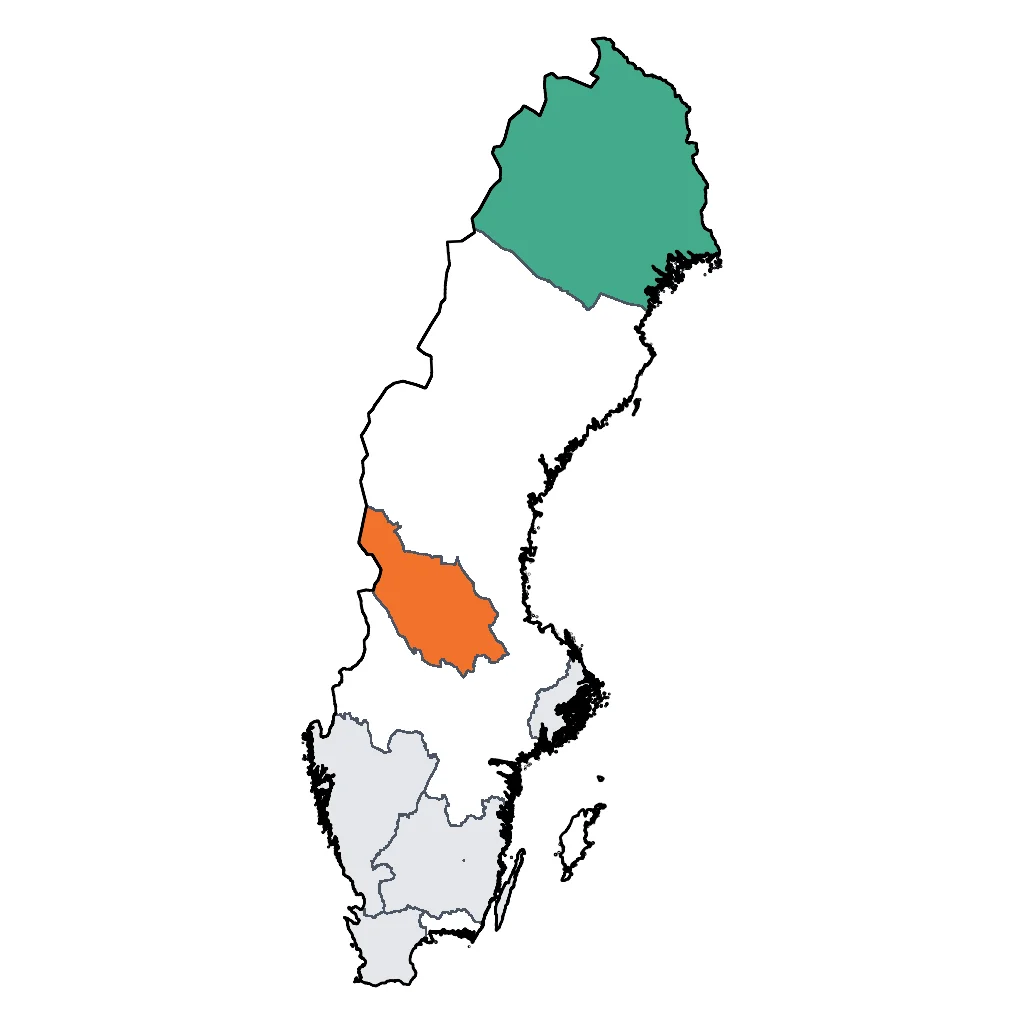 Map showing regions suitable for Ski & Snow in Sweden. Overall suitability: very_good.
