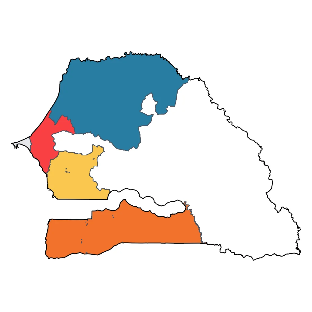 Map showing regions suitable for Adventure & Nature in Senegal. Overall suitability: excellent.