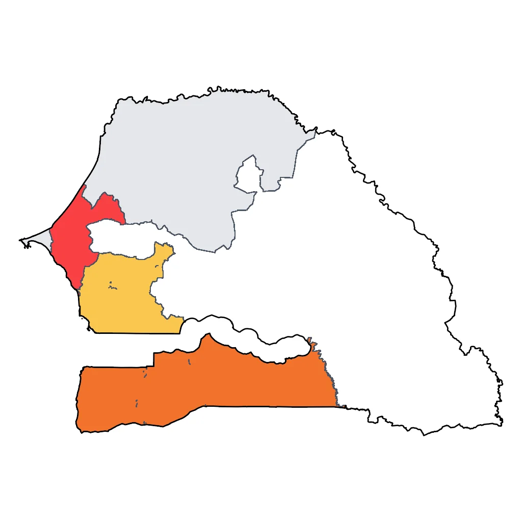 Map showing regions suitable for Relaxation & Wellness in Senegal. Overall suitability: good.