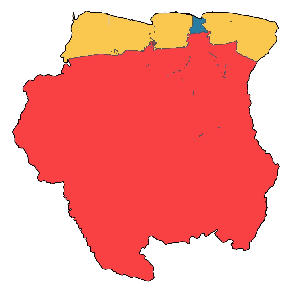 Map showing regions suitable for Educational & Exploratory in Suriname. Overall suitability: very_good.