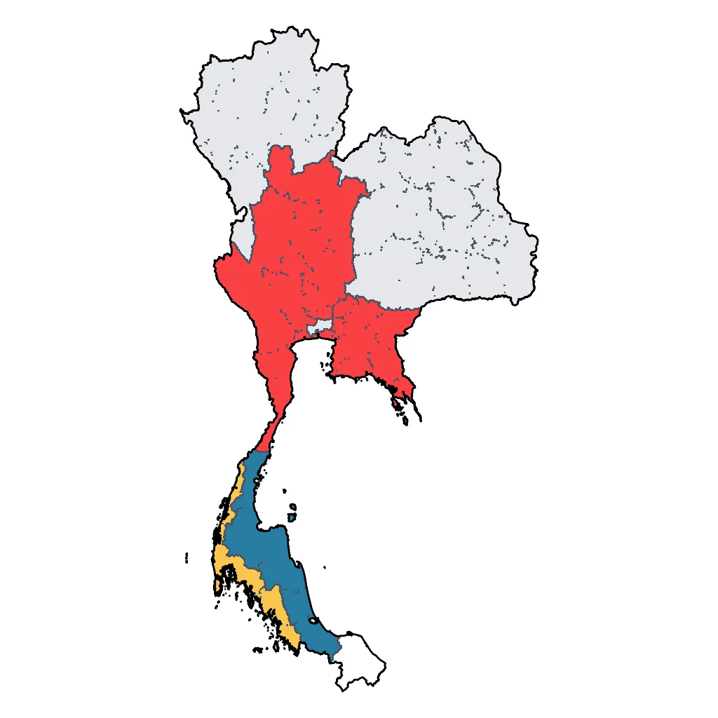 Map showing regions suitable for Beach & Sea in Thailand. Overall suitability: excellent.