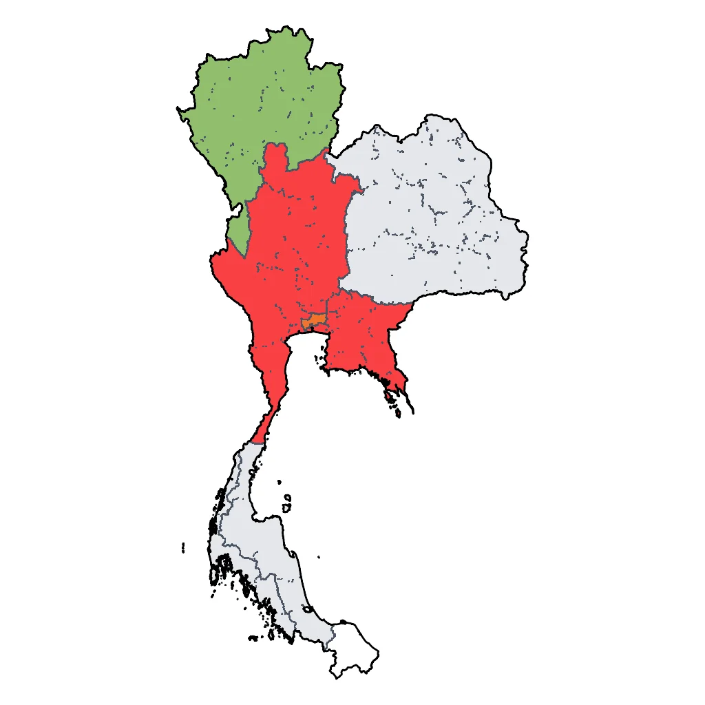 Map showing regions suitable for City & Cultural in Thailand. Overall suitability: excellent.