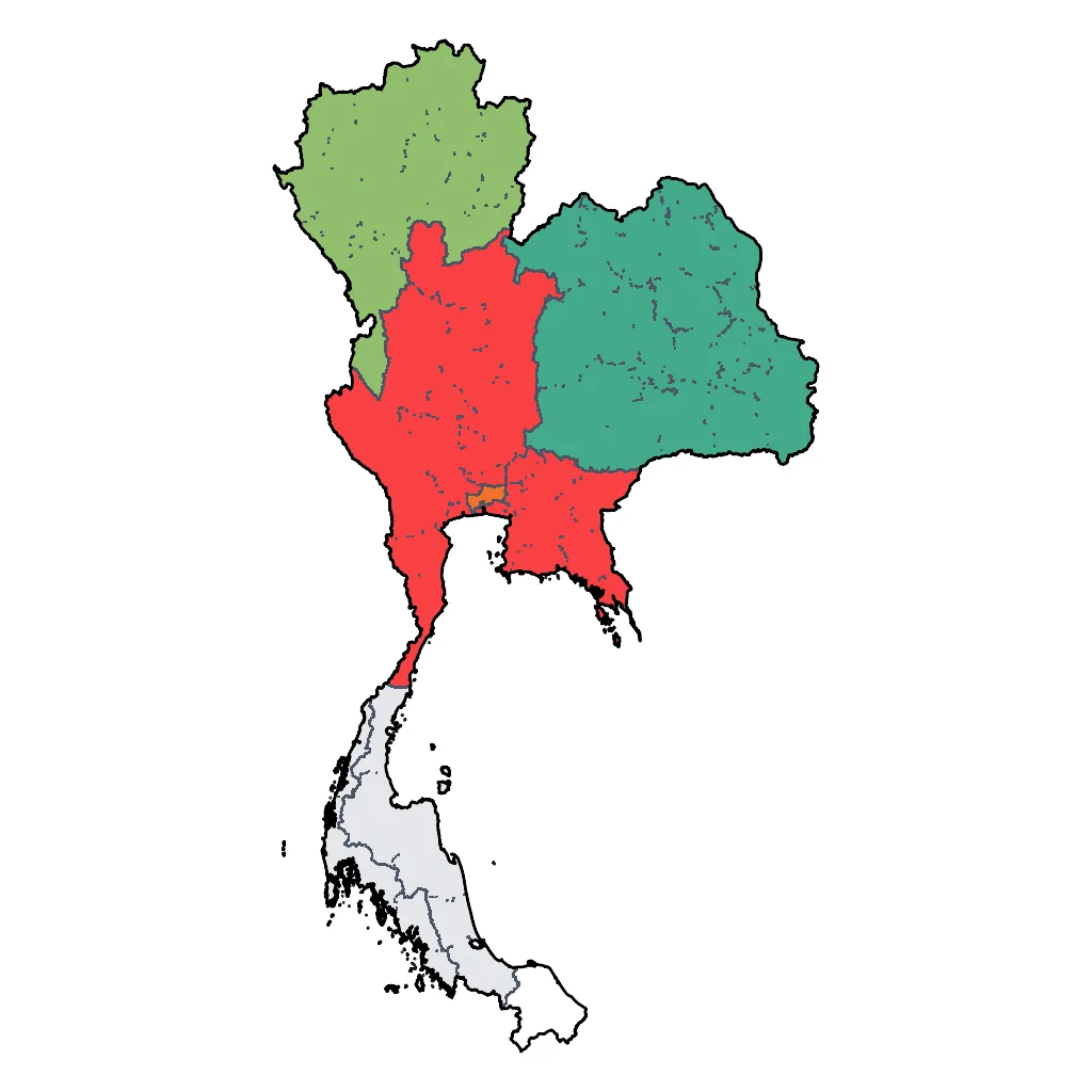 Map showing regions suitable for Festivals & Seasonal in Thailand. Overall suitability: excellent.
