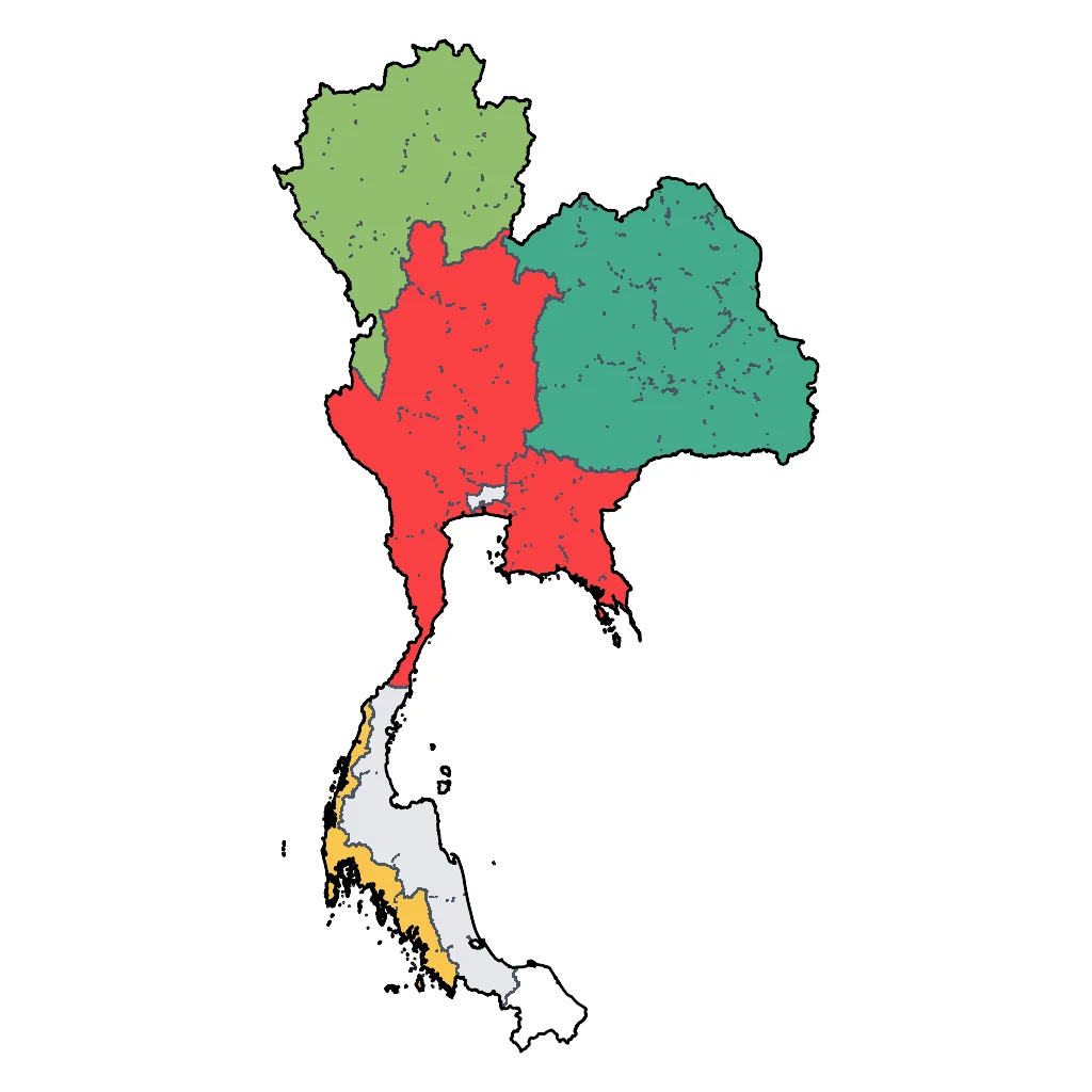 Map showing regions suitable for Road Trips & Scenic in Thailand. Overall suitability: very_good.