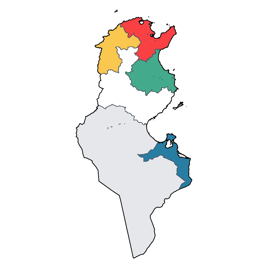 Map showing regions suitable for Beach & Sea in Tunisia. Overall suitability: very_good.