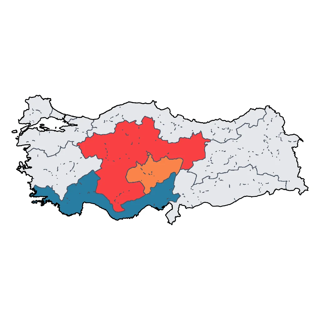 Map showing regions suitable for Adventure & Nature in Turkey. Overall suitability: excellent.