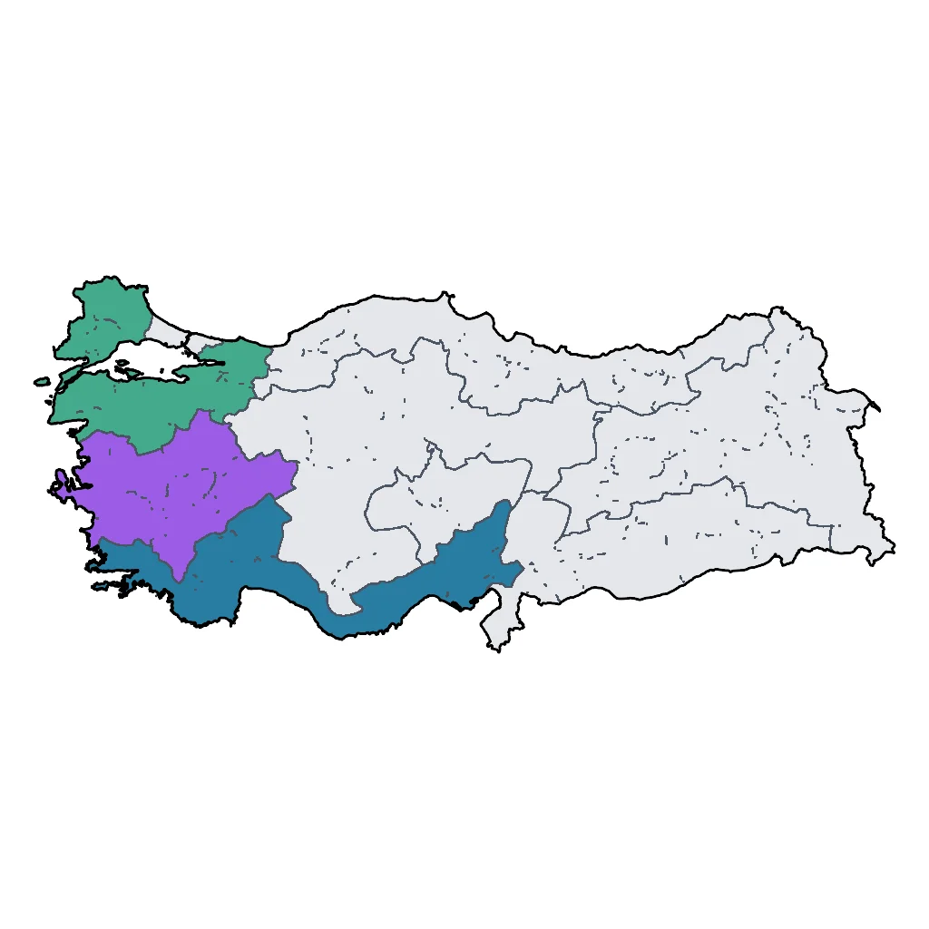 Map showing regions suitable for Beach & Sea in Turkey. Overall suitability: excellent.