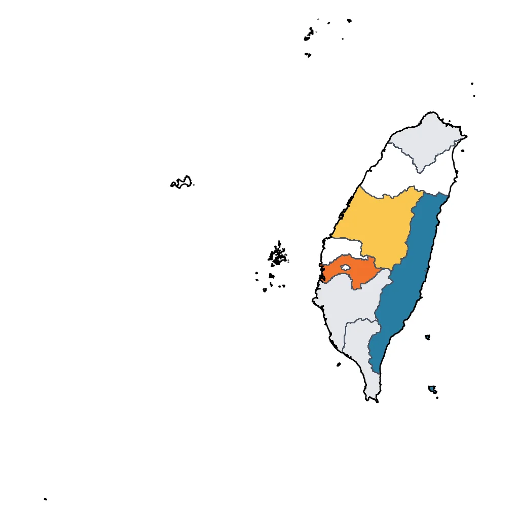 Map showing regions suitable for Road Trips & Scenic in Taiwan. Overall suitability: excellent.
