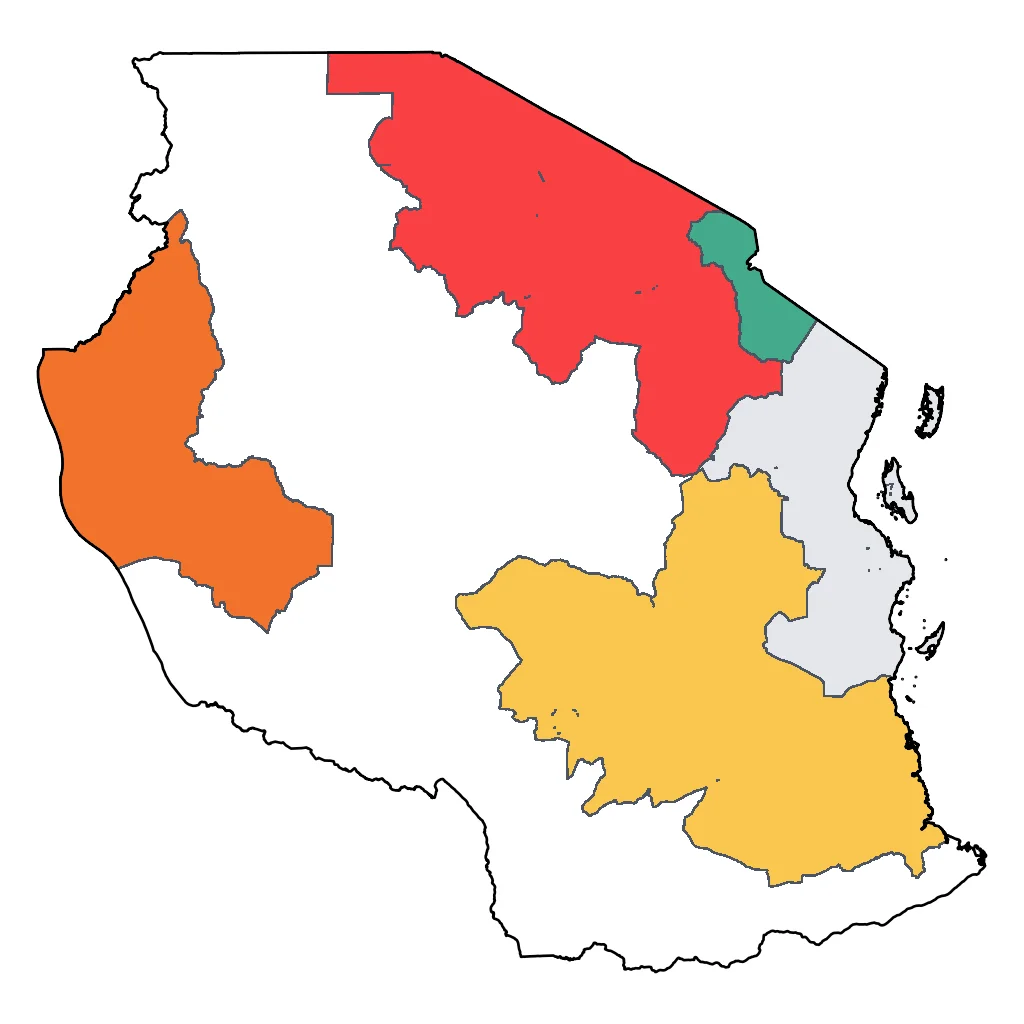 Map showing regions suitable for Adventure & Nature in Tanzania. Overall suitability: excellent.
