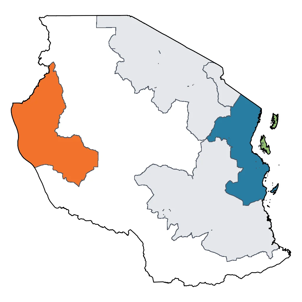 Map showing regions suitable for Beach & Sea in Tanzania. Overall suitability: excellent.