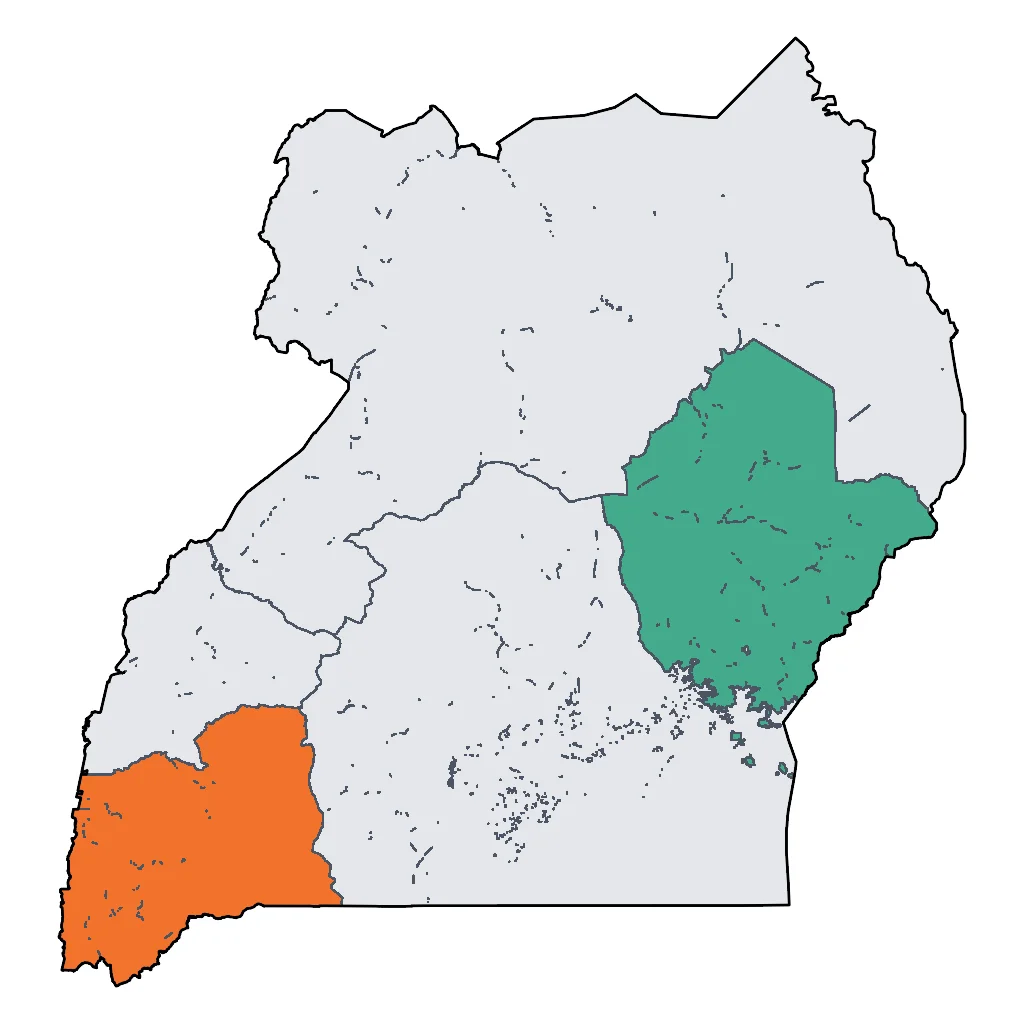 Map showing regions suitable for Beach & Sea in Uganda. Overall suitability: marginal.