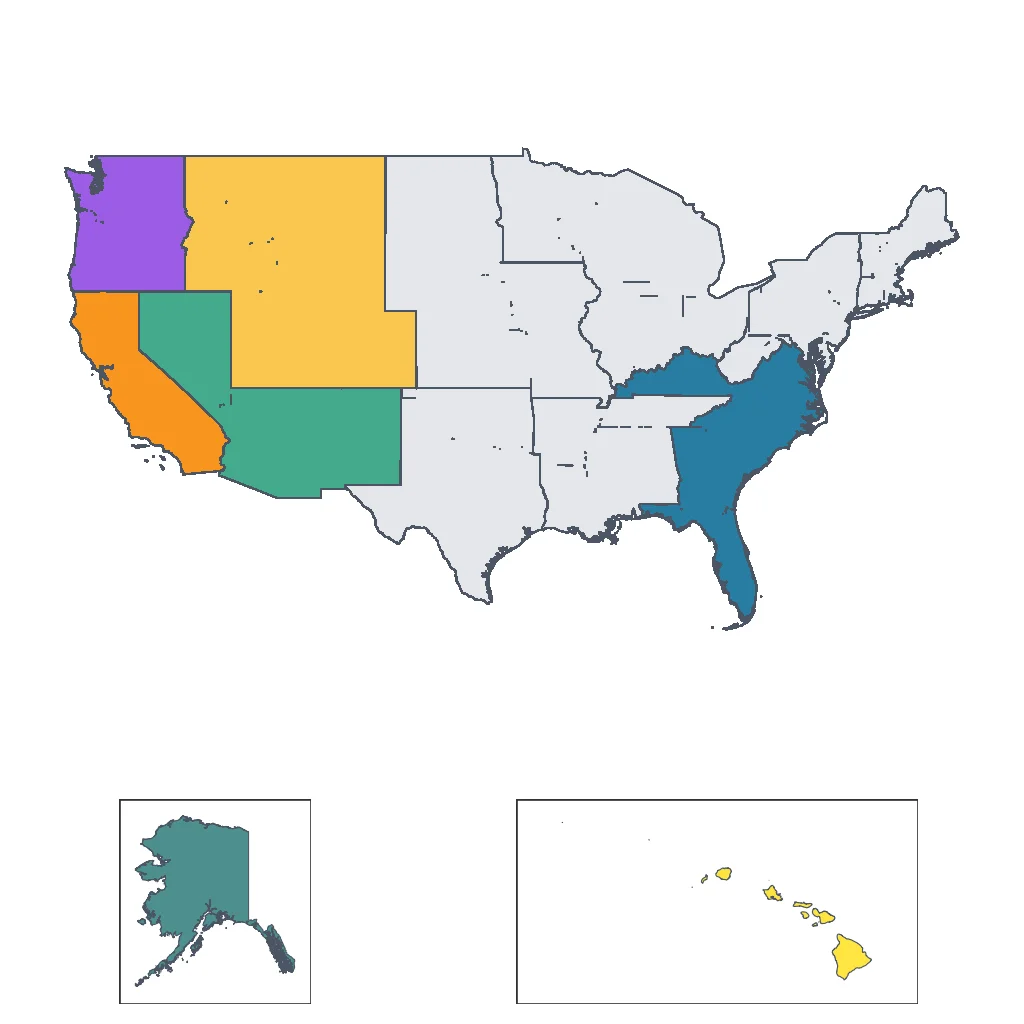 Map showing regions suitable for Adventure & Nature in United States. Overall suitability: excellent.