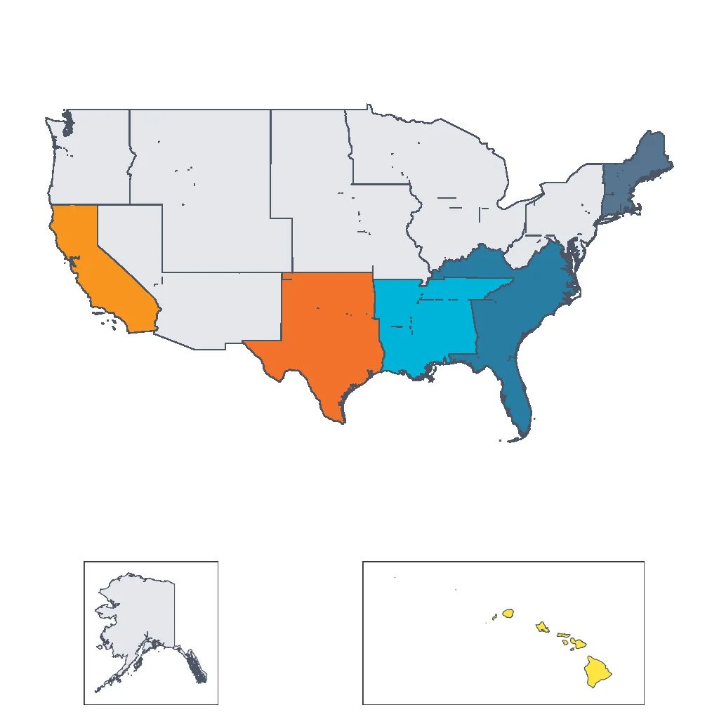 Map showing regions suitable for Beach & Sea in United States. Overall suitability: excellent.