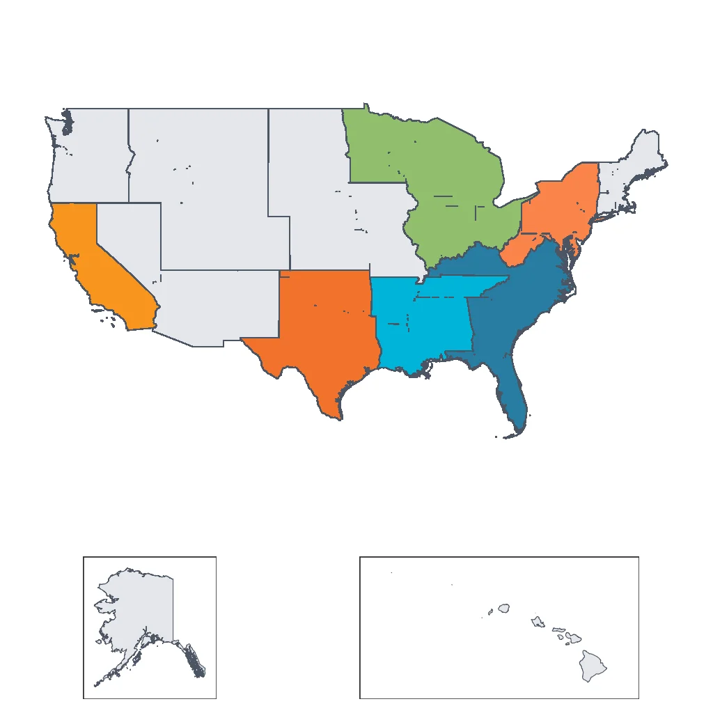 Map showing regions suitable for Theme Park & Entertainment in United States. Overall suitability: excellent.