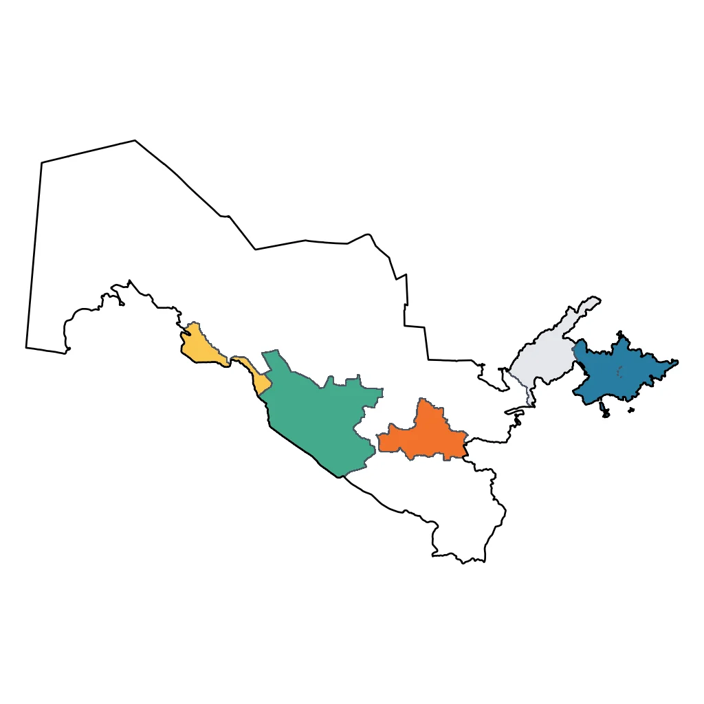 Map showing regions suitable for Educational & Exploratory in Uzbekistan. Overall suitability: excellent.