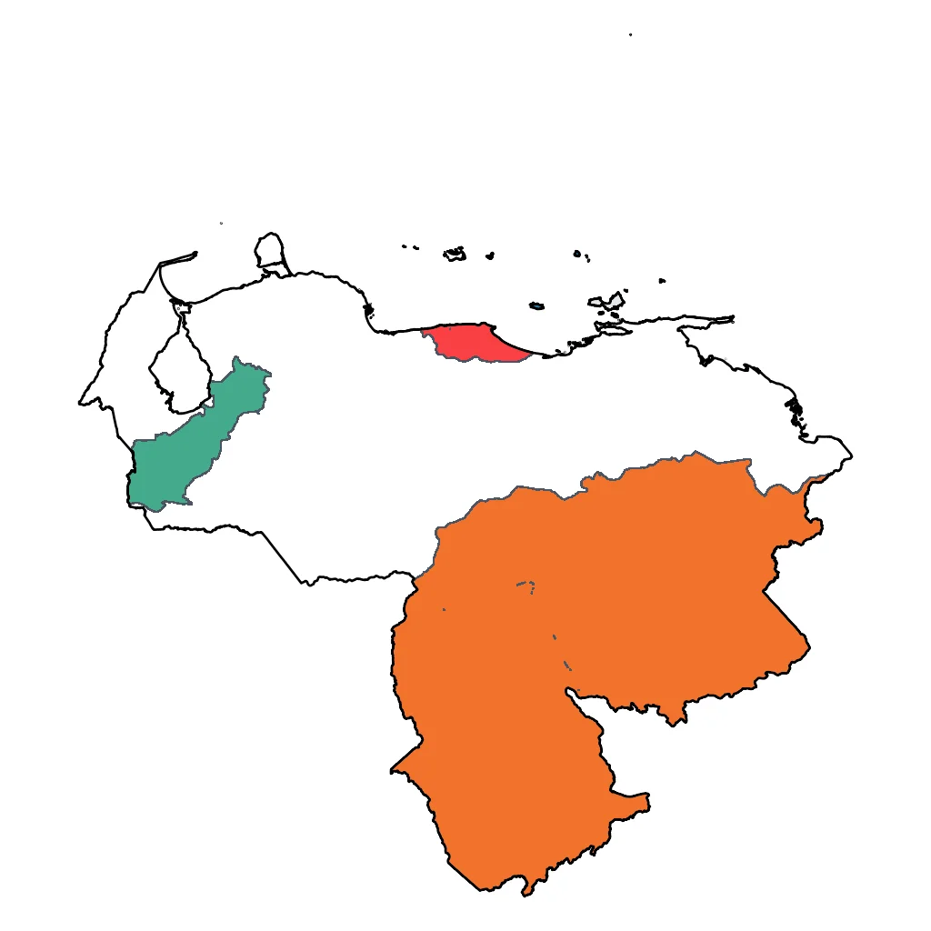 Map showing regions suitable for Adventure & Nature in Venezuela. Overall suitability: excellent.